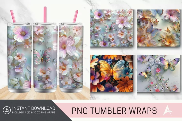 3D Butterfly Flowers Tumbler Wrap