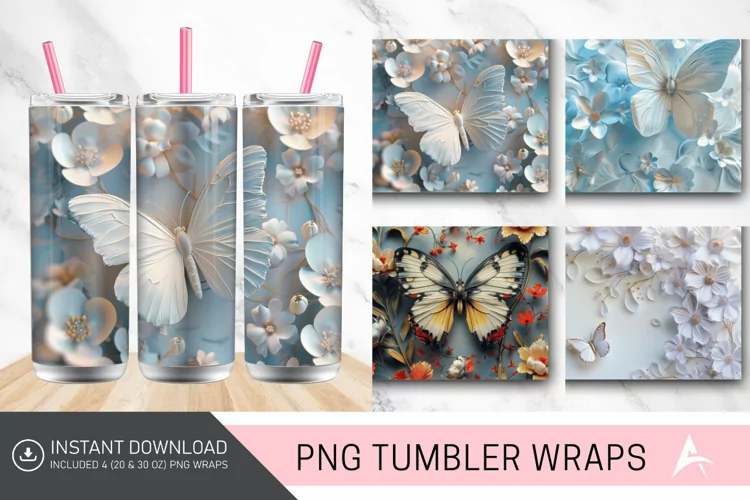 3D Butterfly Flowers Tumbler Wrap