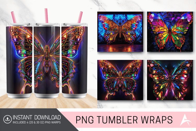 3D Butterfly Neon Stained Glass Tumbler Wrap example image 1
