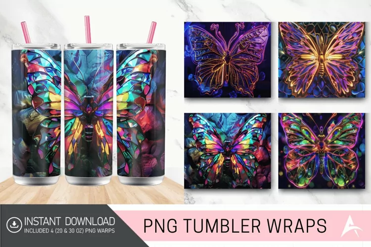 3D Butterfly Neon Stained Glass Tumbler Wrap
