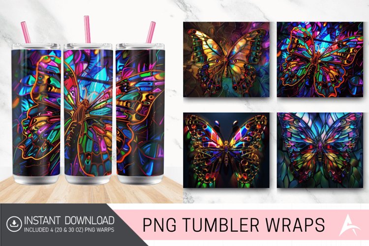 3D Butterfly Neon Stained Glass Tumbler Wrap example image 1