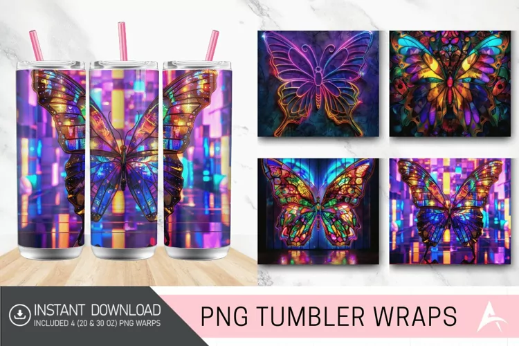 3D Butterfly Neon Stained Glass Tumbler Wrap