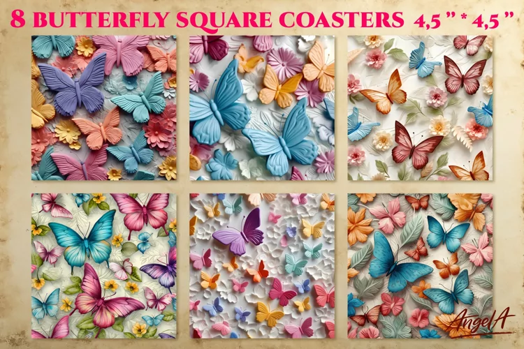 3d butterflies and flowers sublimation square coasters PNG