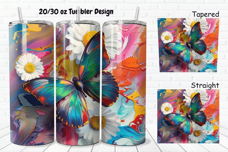 3D Butterfly With Daisy Flowers 20/30oz Skinny Tumbler
