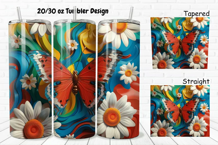 3D Butterfly With Daisy Flowers 20/30oz Skinny Tumbler
