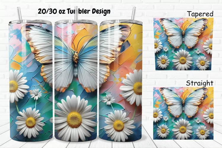 3D Butterfly With Daisy Flowers 20/30oz Skinny Tumbler