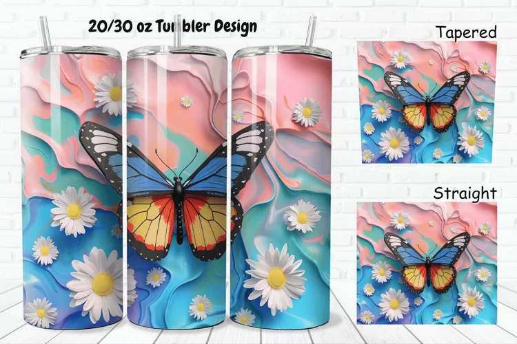 3D Butterfly With Daisy Flowers 20/30oz Skinny Tumbler