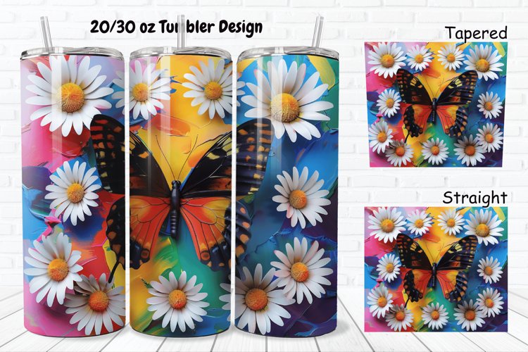 3D Butterfly With Daisy Flowers 20/30oz Skinny Tumbler example image 1