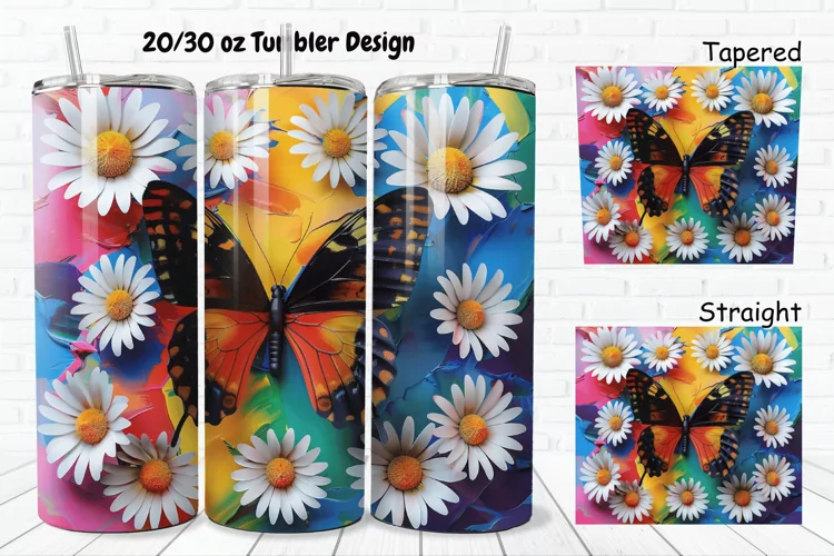 3D Butterfly With Daisy Flowers 20/30oz Skinny Tumbler