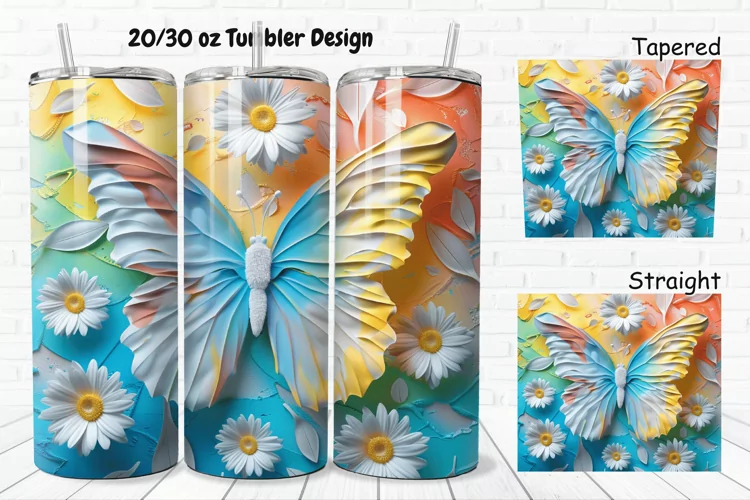 3D Butterfly With Daisy Flowers 20/30oz Skinny Tumbler