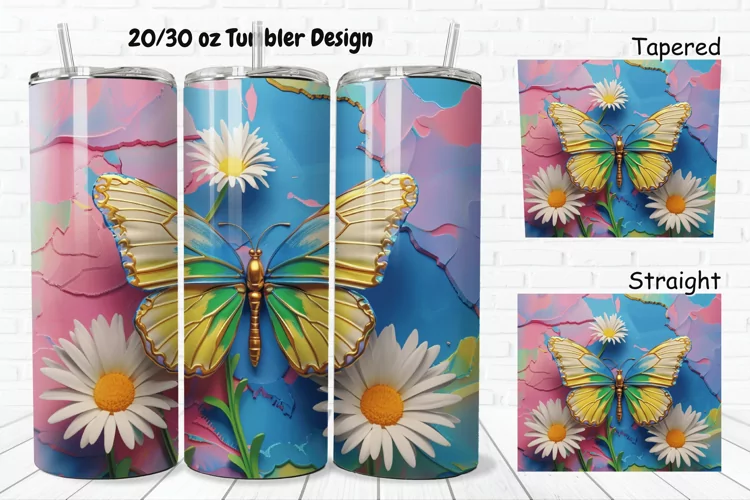 3D Butterfly With Daisy Flowers 20/30oz Skinny Tumbler