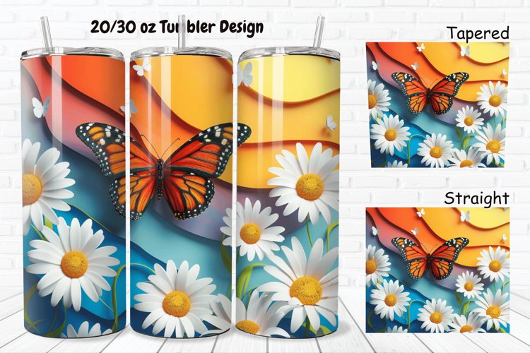3D Butterfly With Daisy Flowers 20/30oz Skinny Tumbler example image 1