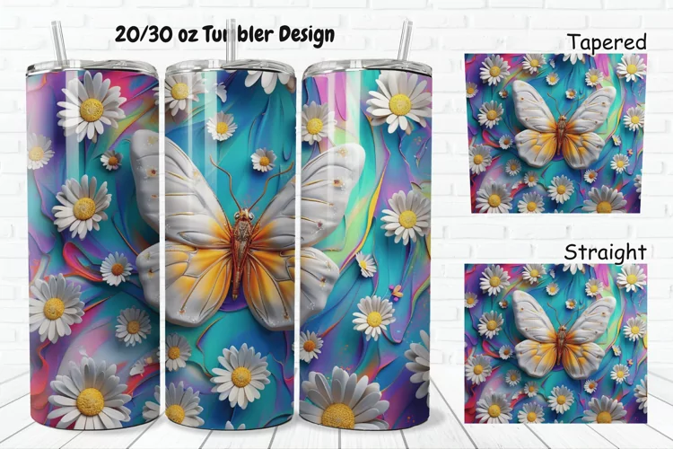 3D Butterfly With Daisy Flowers 20/30oz Skinny Tumbler