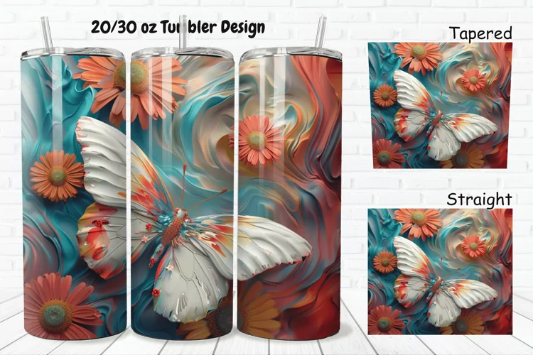 3D Butterfly With Daisy Flowers 20/30oz Skinny Tumbler