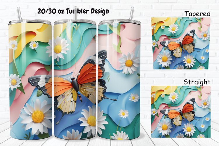 3D Butterfly With Daisy Flowers 20/30oz Skinny Tumbler example image 1