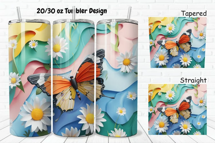 3D Butterfly With Daisy Flowers 20/30oz Skinny Tumbler