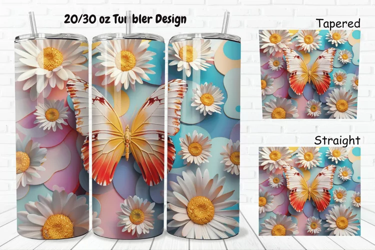 3D Butterfly With Daisy Flowers 20/30oz Skinny Tumbler