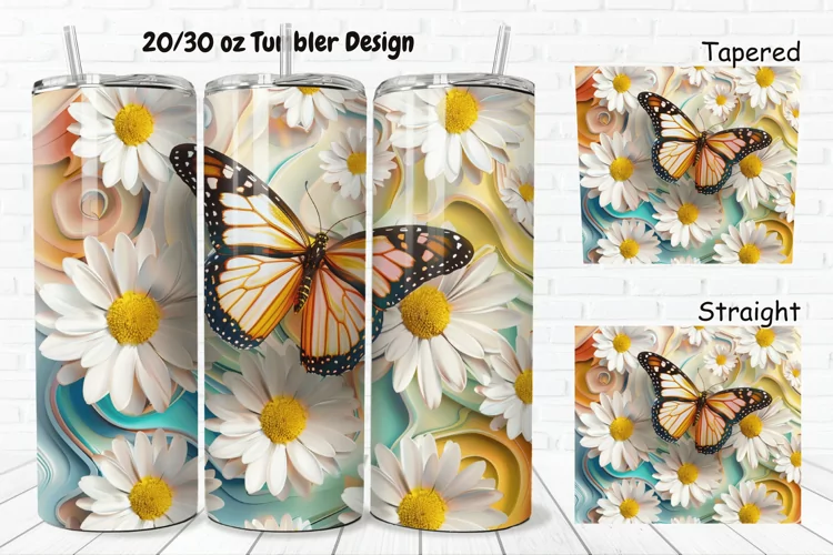 3D Butterfly With Daisy Flowers 20/30oz Skinny Tumbler