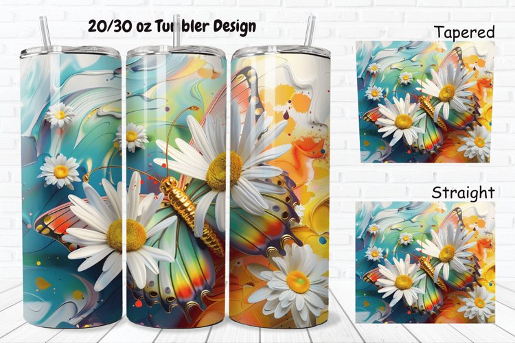 3D Butterfly With Daisy Flowers 20/30oz Skinny Tumbler example image 1