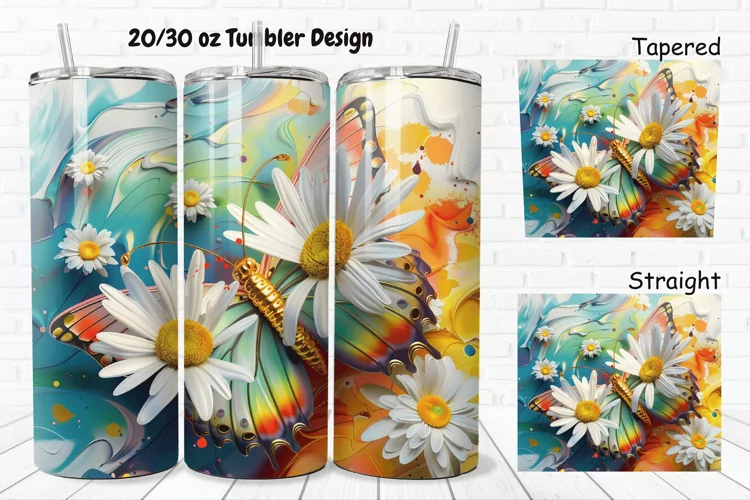 3D Butterfly With Daisy Flowers 20/30oz Skinny Tumbler