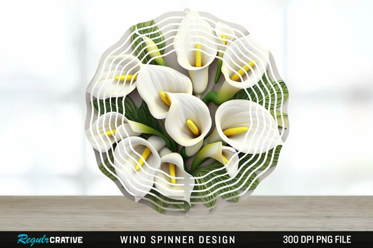 3D Calla Lily Flowers Wind Spinner Sublimation Design PNG