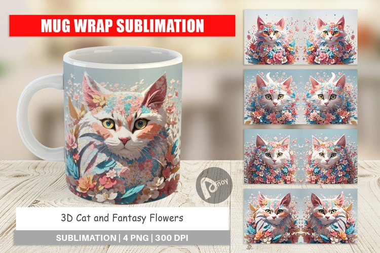 Mug Wrap Design 3D Cat with Flower Fantasy
