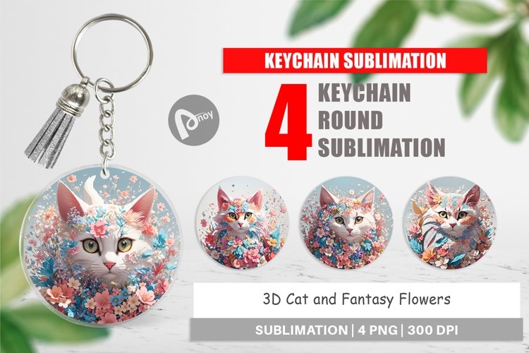 Keychain 3D Cat with Flower Fantasy