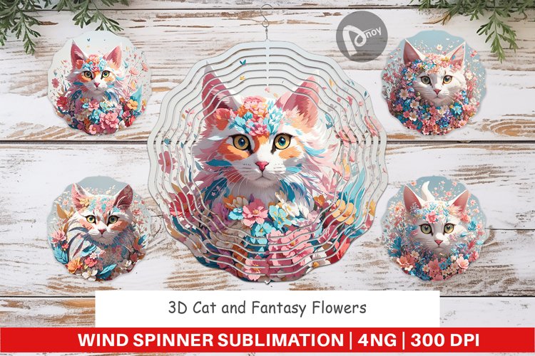 Wind Spinner 3D Cat with Flower Fantasy