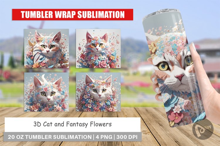 Tumbler Wrap 3D Cat with Flower Fantasy
