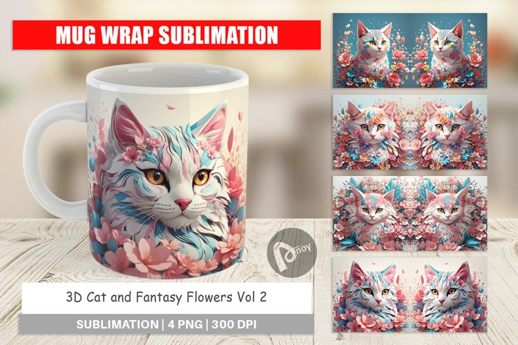 Mug Wrap Design 3D Cat with Flower Fantasy