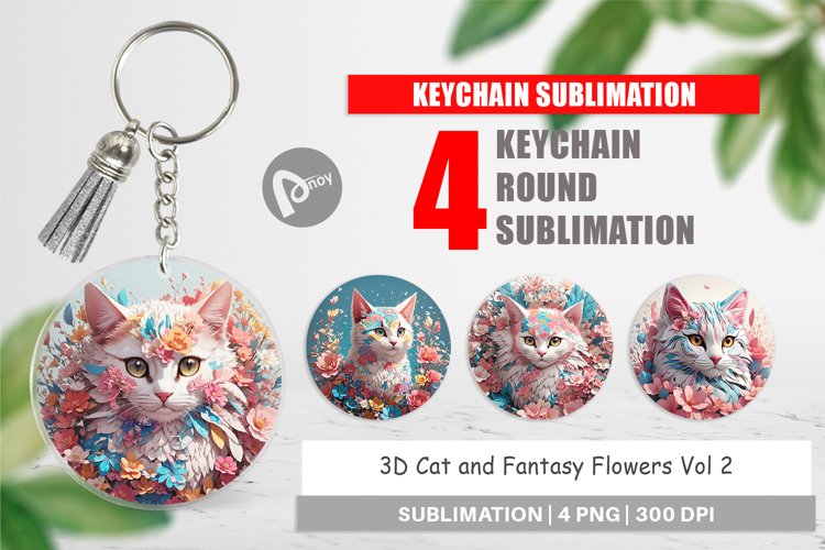 Keychain 3D Cat with Flower Fantasy