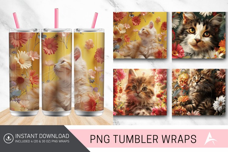 3D Cat Flowers Tumbler Wrap example image 1