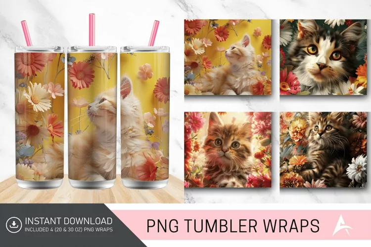 3D Cat Flowers Tumbler Wrap