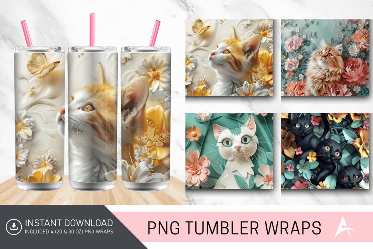 3D Cat Flowers Tumbler Wrap example image 1