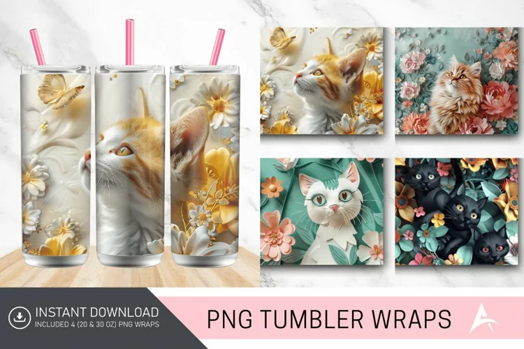 3D Cat Flowers Tumbler Wrap