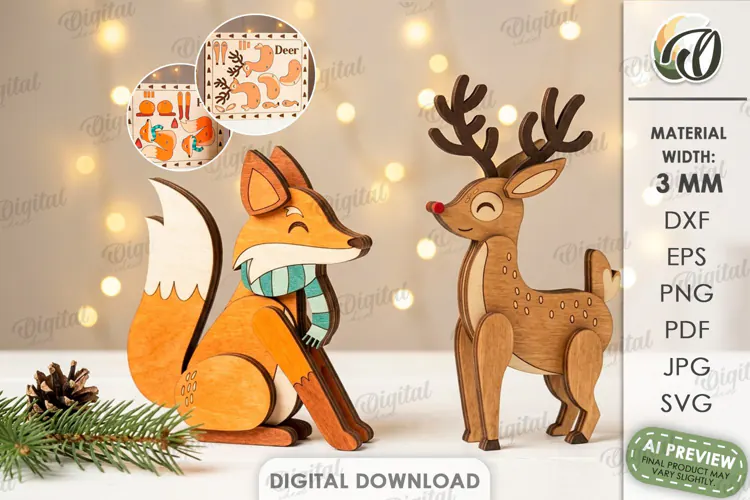 Christmas Fox and Reindeer Stands Laser Cut. Christmas SVG