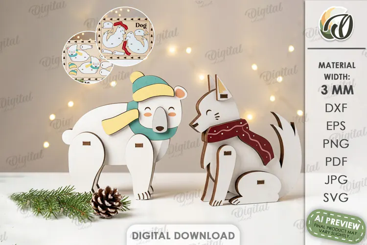Christmas Polar Bear and Dog Stands Laser Cut. Christmas SVG
