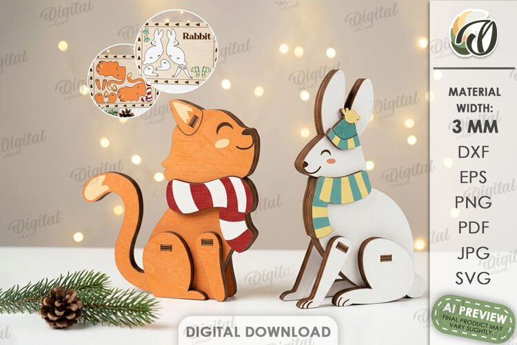Christmas Cat and Rabbit Stands Laser Cut. Christmas SVG example image 1