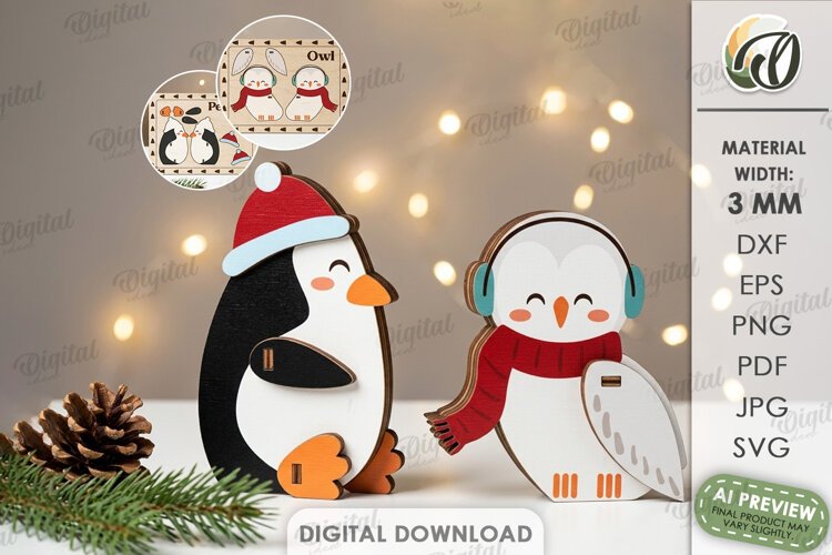 Christmas Penguin and Owl Stands Laser Cut. Christmas SVG example image 1