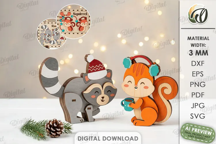 Christmas Raccoon and Squirrel Stands Laser Cut