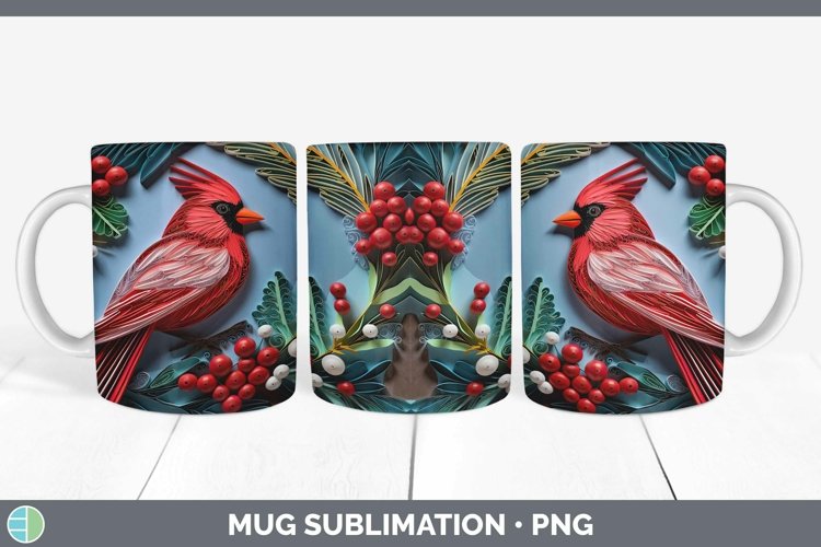 3D Christmas Cardinal Mug Wrap | Sublimation Coffee Cup Desi