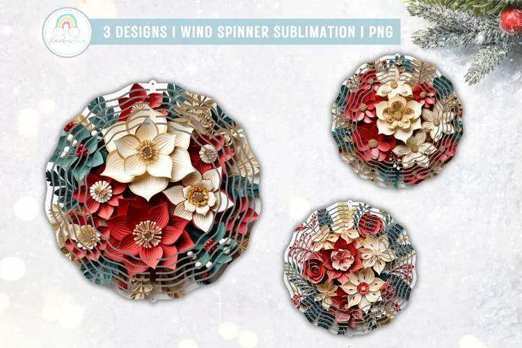 3D Christmas Flowers Wind Spinner Sublimation Designs