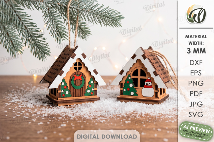 3D Christmas House Ornaments Laser Cut. Christmas Decor SVG