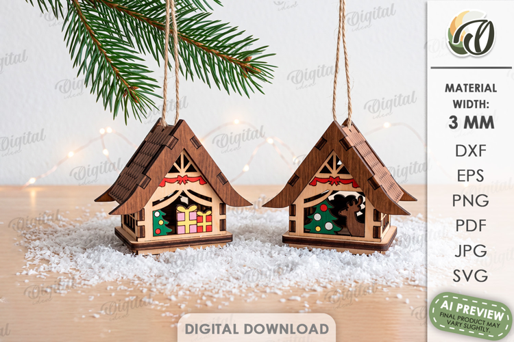 3D Christmas House Ornaments Laser Cut. Christmas Decor SVG