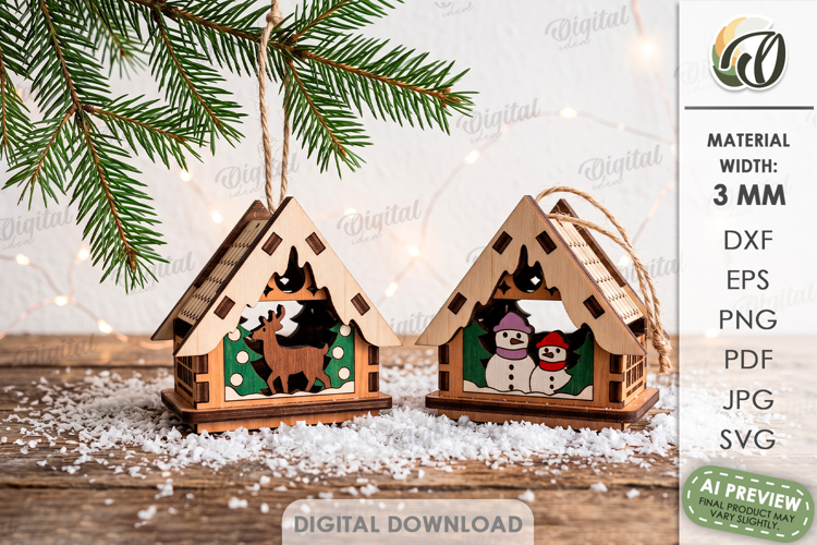 3D Christmas House Ornaments Laser Cut. Christmas Decor SVG