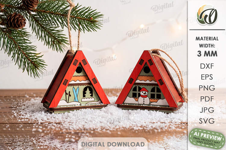 3D Christmas House Ornaments Laser Cut. Christmas Decor SVG
