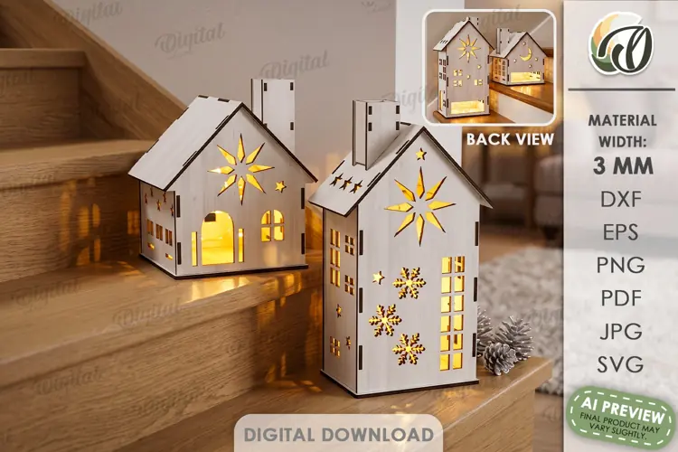 Christmas House Lanterns Laser Cut. Tea Light Holder SVG