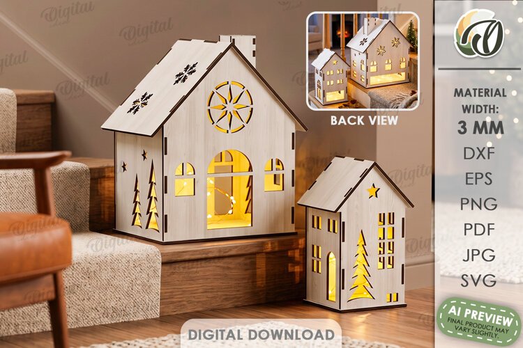 Christmas House Lanterns Laser Cut. Tea Light Holder SVG example image 1