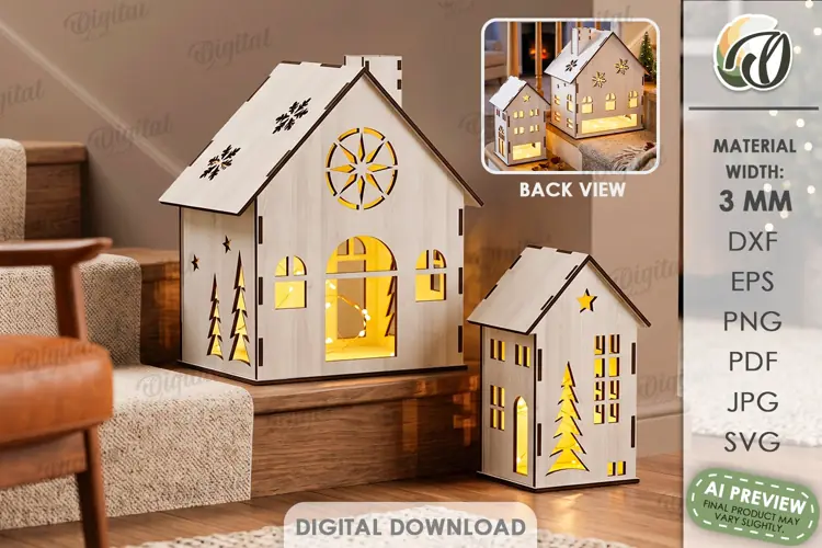 Christmas House Lanterns Laser Cut. Tea Light Holder SVG