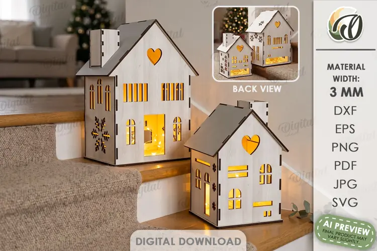 Christmas House Lanterns Laser Cut. Tea Light Holder SVG